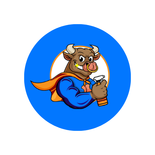 Cartoon bull wearing a blue cape, holding a spray bottle.